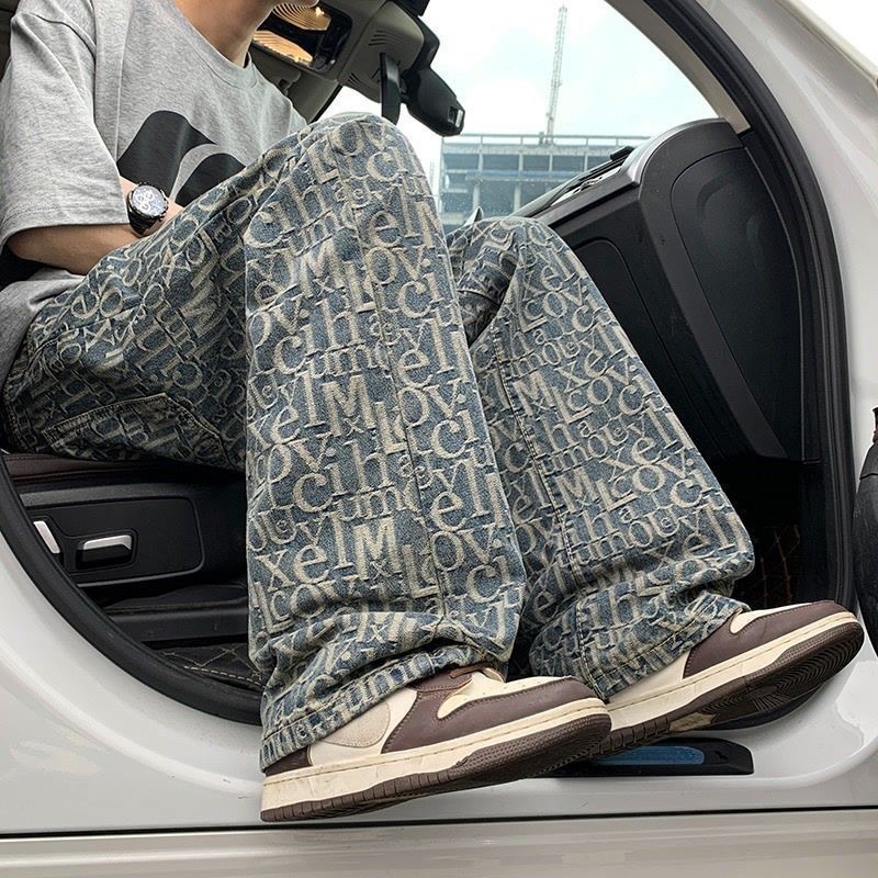 2026 new fashion outdoor sports Luxury brand jeans slim fit printed retro lightweight luxury straight leg casual versatile long trousers