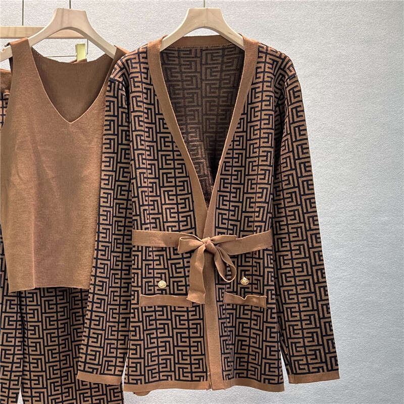 Essential Set Fashion Casual Suit Women's Shawl Jacket V Neck Knitted Style Cardigan Vest Wide Leg Pants Three Piece Set Designer Clothes Tie Wai - view 5