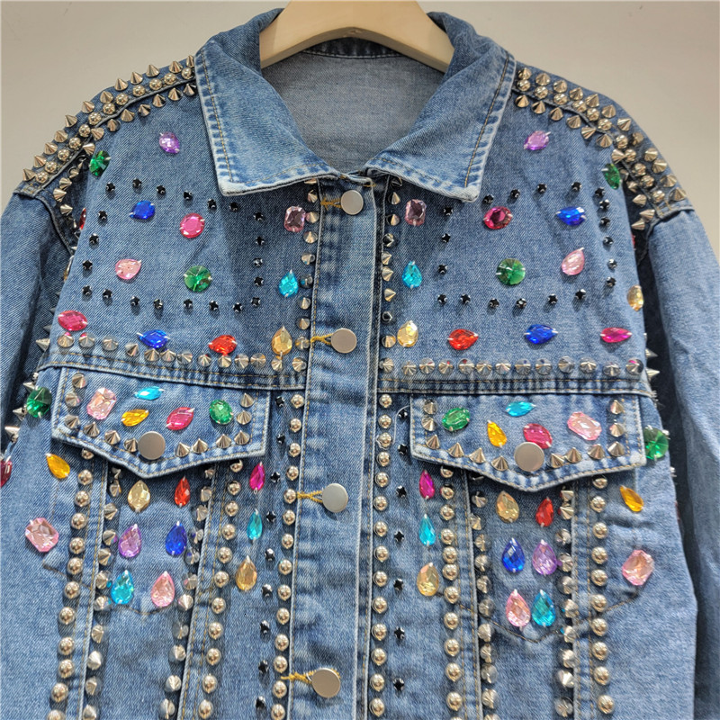 Chic Womens Beaded Rhinestones Denim Bomber Jacket Long-Sleeved Rainbow Color Diamonds Jeans Coat Crystal Streetwear Cow Tops 250121