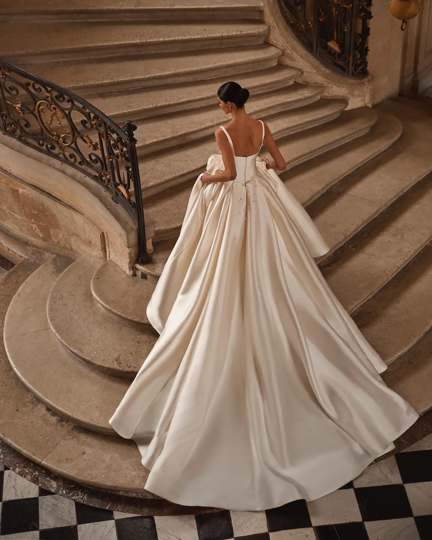 Luxury Satin A Line Dress Spaghetti Strap Cowl Neckline Beaded Detail Bridal Gown With Pockets For Classic Ballroom Wedding Bd626 - view 4