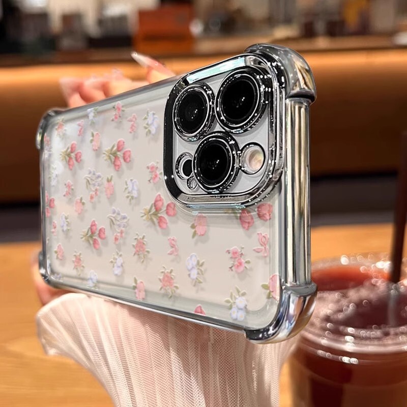 Tulip is suitable for Apple iPhone 17 phone case, Huawei PURA 80 transparent electroplated four-corner anti-drop protective cover