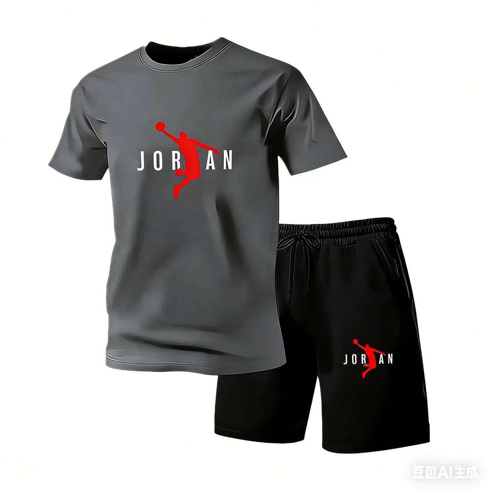 2026 New Jordan Style Men's 2 Piece Set Summer Black Short Sleeve T Shirt Shorts Casual Sports Tracksuits Plus Size S-4XL 26Y0513