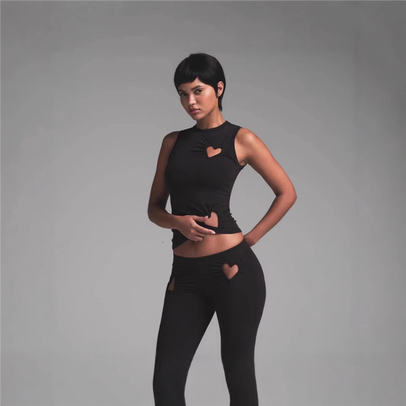 kliou Heart Hollow Women 2 Piece Set Summer Casual Sleeveless O-neck VestsHigh Waist Skinny Pants Female Basic Streetwear 250523