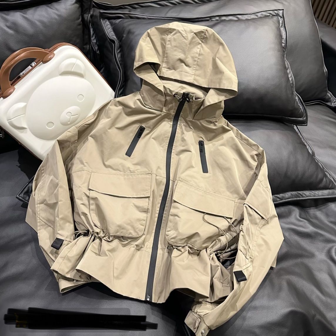 Casual Womens Stand Collar Drawstring Waist Cinch Spring Jacket 2026 Loose Long Sleeves Windbreaker Summer Lady Commute Coat 260327