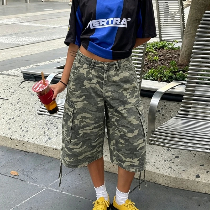 American Retro Cargo Bermuda Shorts Loose Knee Length Denim Shorts with Drawstring Y2K Aesthetic Grunge Streetwear Women Jorts 260511