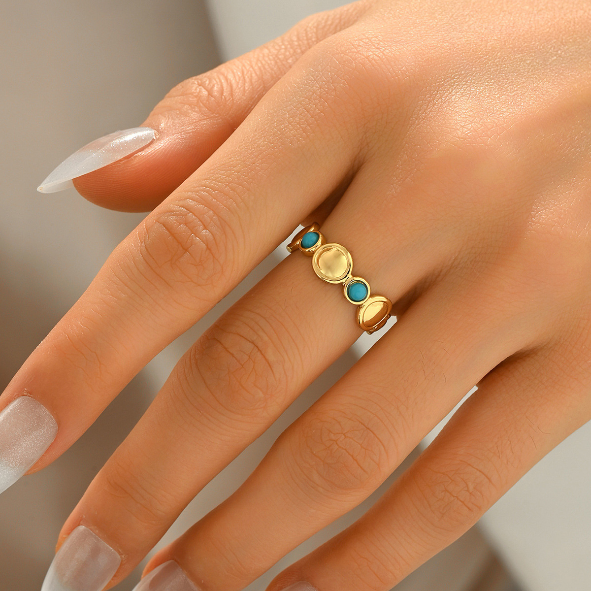Designer Jewelry European and American retro style women s ring with geometric inlay of turquoise multi layered design open ring versatile hand access