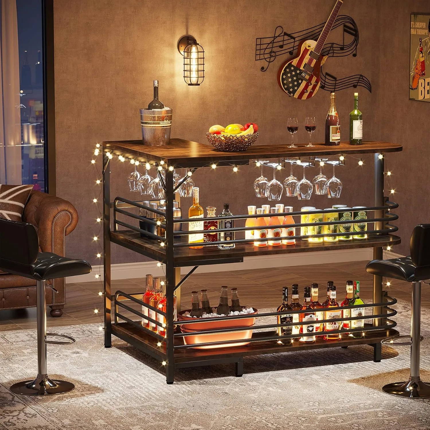 L-Shaped Home Bar Unit 3 Tier Liquor Bar Table with Storage Shelves and Wine Glasses Holder for Home Kitchen Pub Rustic Brown 260512 - view 4
