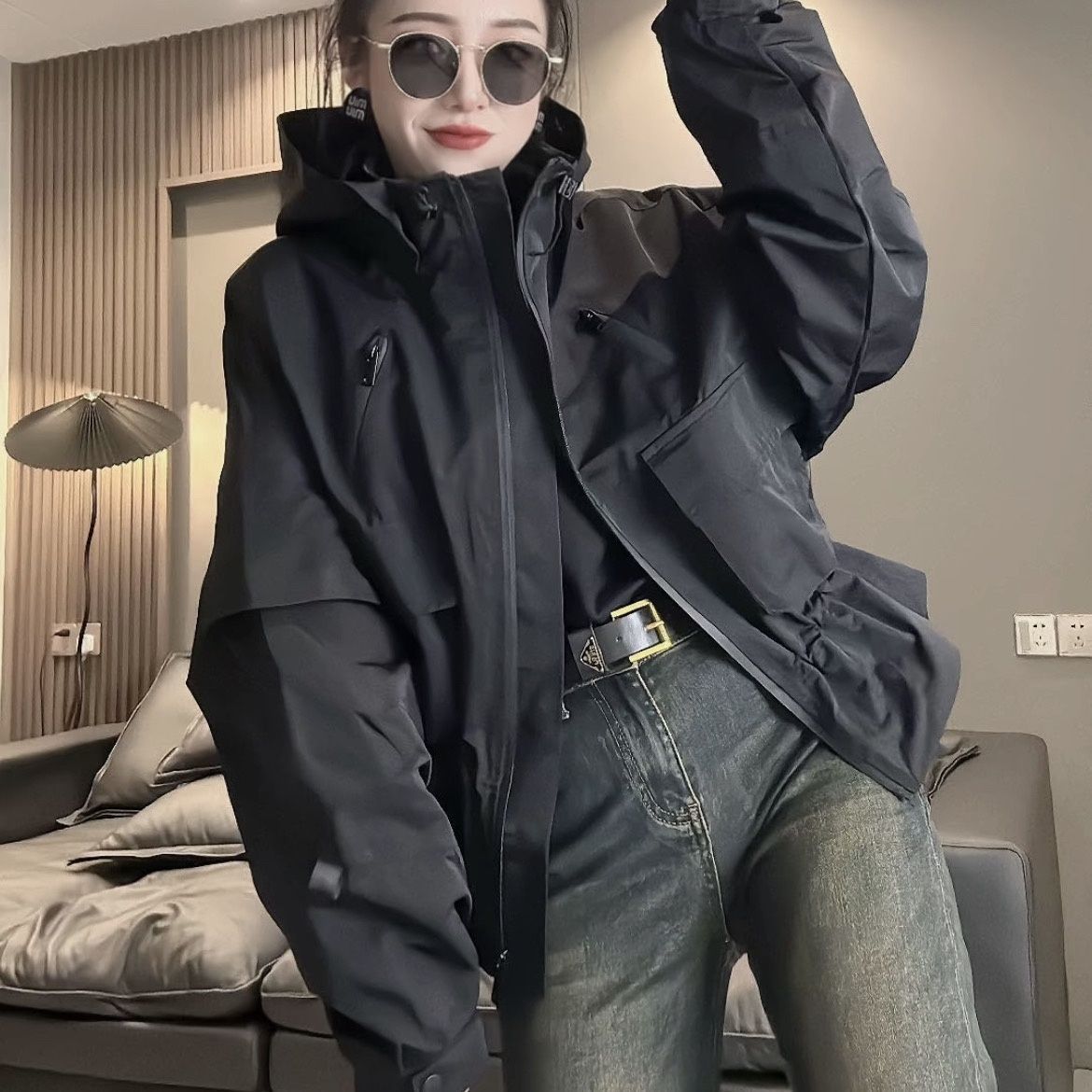 Casual Womens Stand Collar Drawstring Waist Cinch Spring Jacket 2026 Loose Long Sleeves Windbreaker Summer Lady Commute Coat 260327