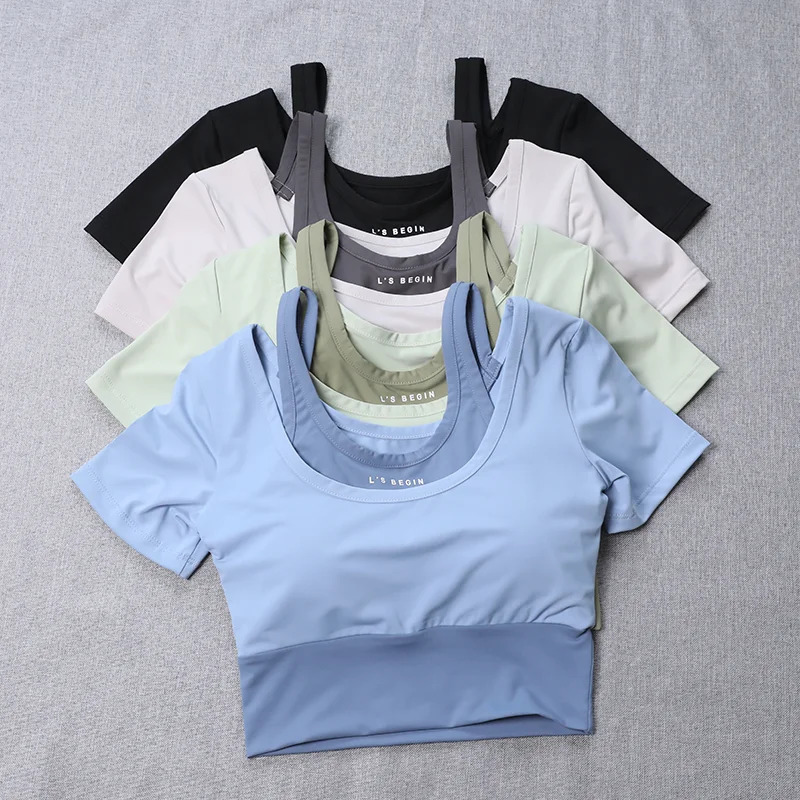 Womens 2in1 Builtin Bra Tight Yoga Top QuickDry Cropped Workout Shirt Summer Fitness Training Short Sleeve 260512
