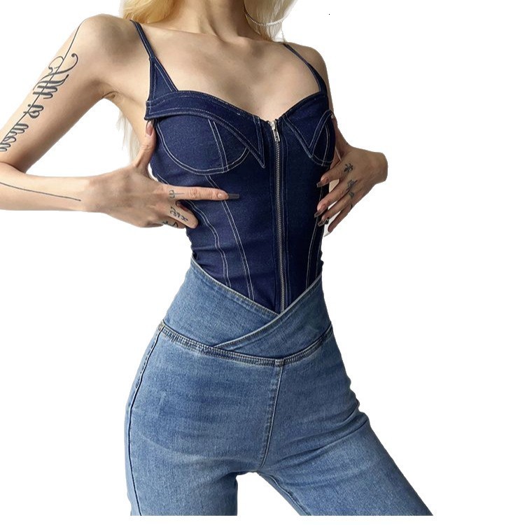 Women's Jumpsuits Rompers TWOTWINSTYLE Patchwork Zipper Playsuits For Women Square Collar Sleeveless High Waist Sexy Bodycon Summer Playsuit Fema