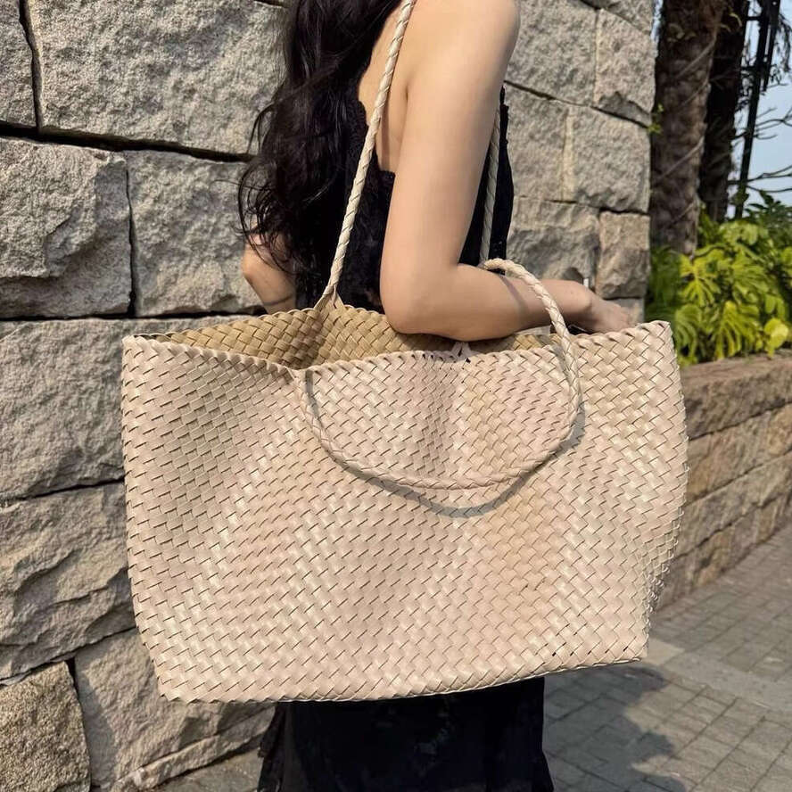 OLOEY Genuine Leather Hand-Woven Underarm Tote Bag, 2026 New Large Capacity Casual Travel Shoulder Bag Woven Basket Bag