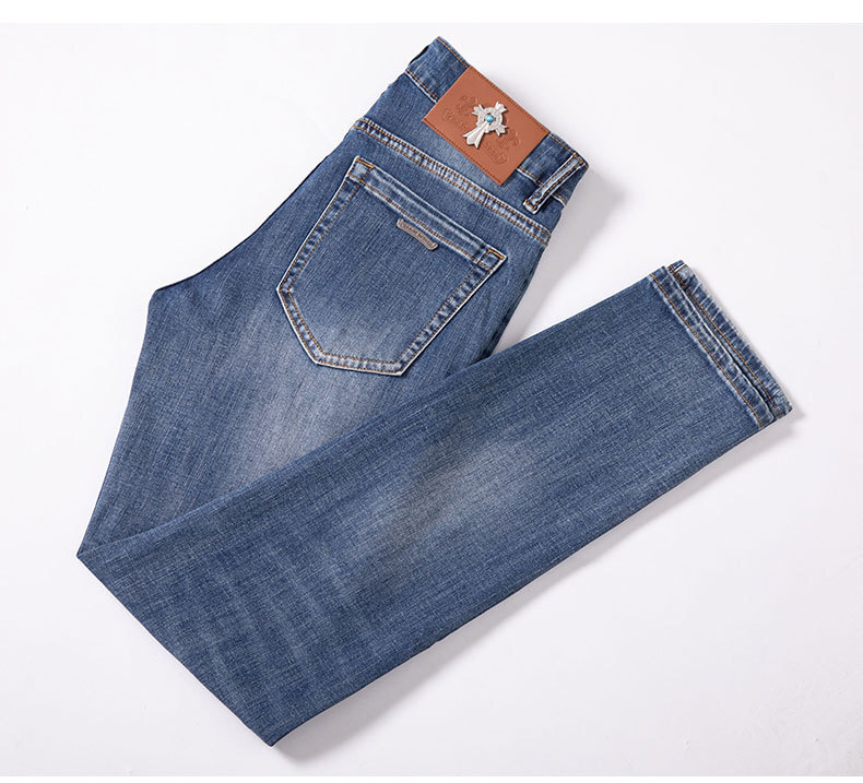 Luxury Brand Designer Men Blue Jeans Slim Fit Elastic Denim Pants Cross Metal Badge Summer Fashion Male Long Trousers Skinny Stylish Vintage Denim