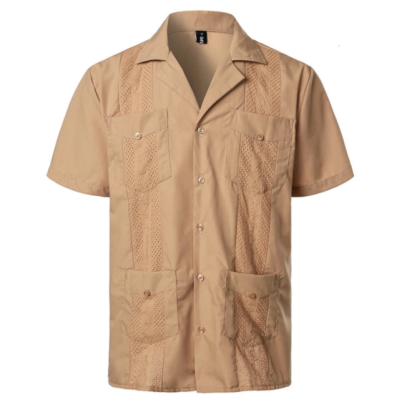 Mens Traditional Cuban Camp Collar Guayabera Shirts Short Sleeve Embroidered Mexican Caribbean Style Beach Shirts with 4 Pocket 260513