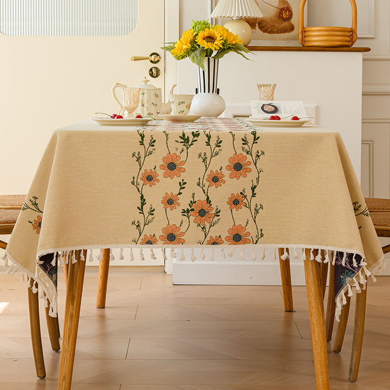 YL-38637 Customized Pastoral Chrysanthemum Tablecloth, Embroidered Fresh Style, Round Cotton Linen Cover for Dining Tables and Desks