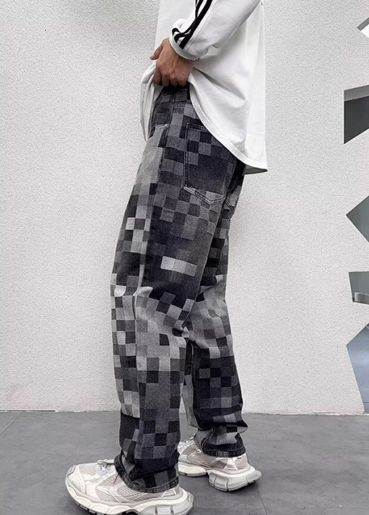 Designer Luxury Brand Loose Plus Size Straight Leg Men's Jeans Fashion Street Must-have Checkered Print Men's Denim Pants Washed Casual Floo