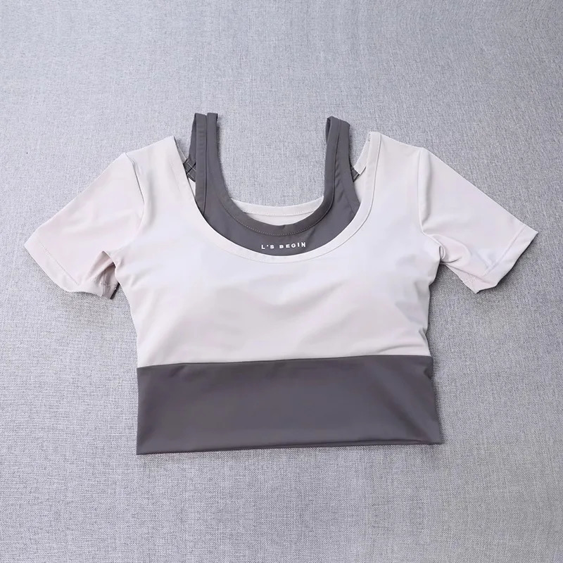 Womens 2in1 Builtin Bra Tight Yoga Top QuickDry Cropped Workout Shirt Summer Fitness Training Short Sleeve 260512