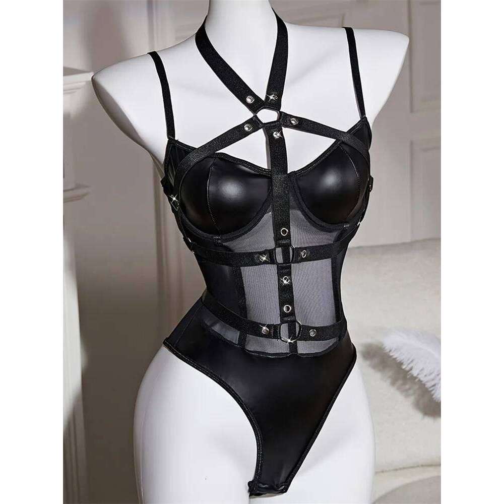Women's Mesh PU Leather Bodysuits Sleeveless Halter Hollow Out Leotard Body Top Jumpsuits for Party Club - view 5