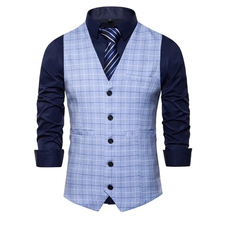 Men Business Social Checkered Suit Vest Loose Top Homme Wedding Ball Party Dress Waistcoat 260508