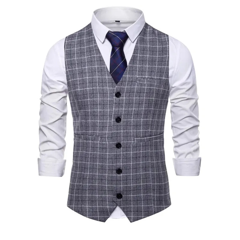 Men Business Social Checkered Suit Vest Loose Top Homme Wedding Ball Party Dress Waistcoat 260508