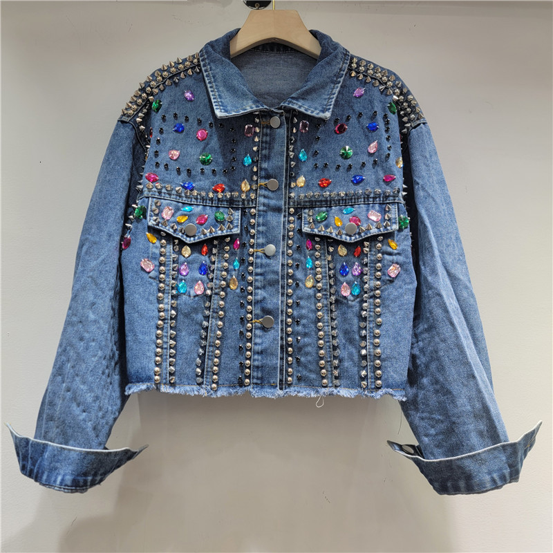 Chic Womens Beaded Rhinestones Denim Bomber Jacket Long-Sleeved Rainbow Color Diamonds Jeans Coat Crystal Streetwear Cow Tops 250121