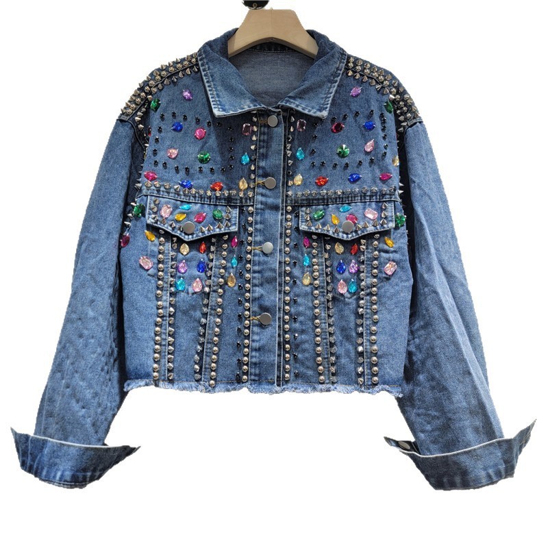 Chic Womens Beaded Rhinestones Denim Bomber Jacket Long-Sleeved Rainbow Color Diamonds Jeans Coat Crystal Streetwear Cow Tops 250121