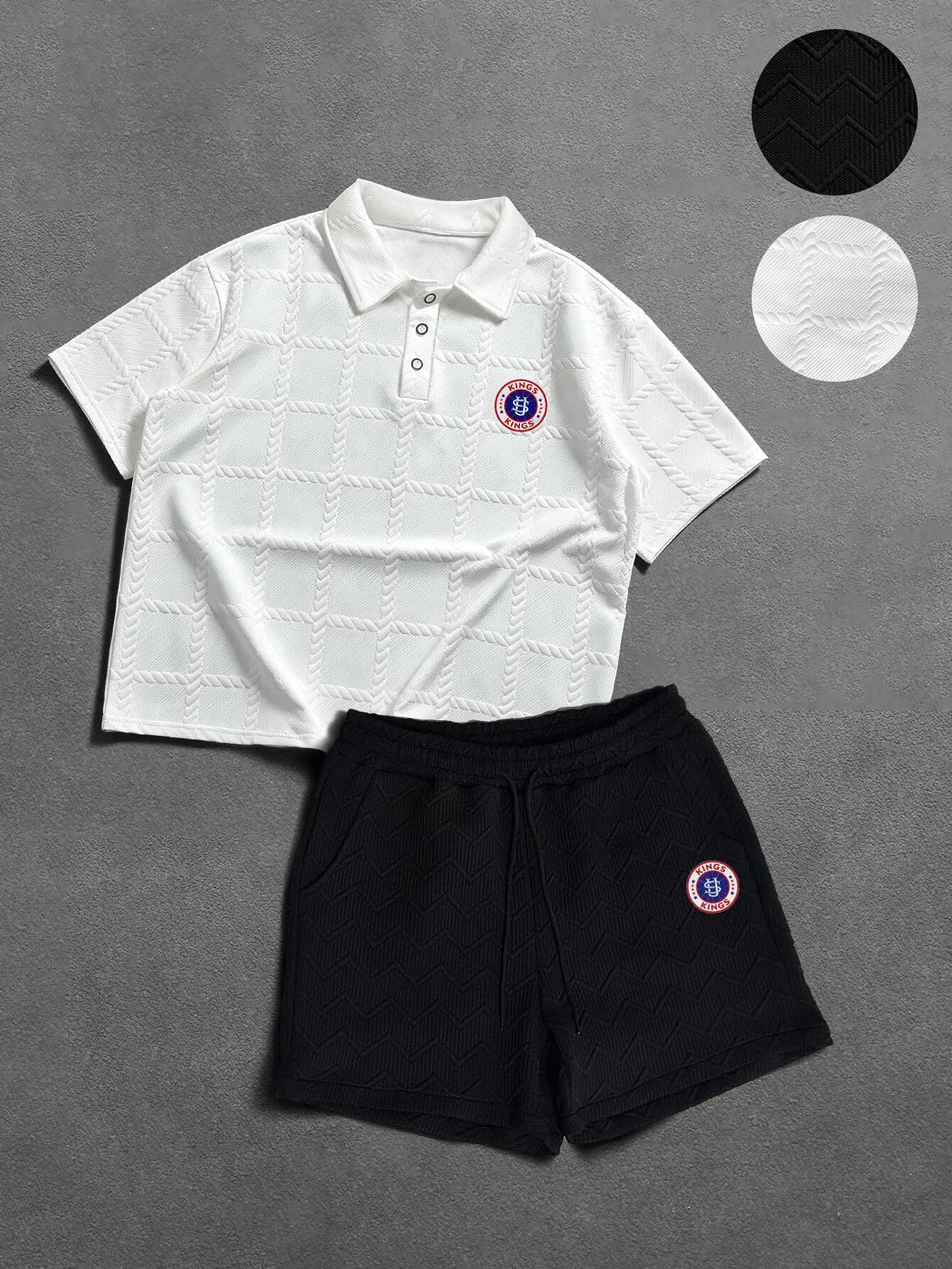 White Textured Polo Shirt + Black Shorts Set, Summer Two-Piece Outfit, Versatile for Daily Wear & Dates