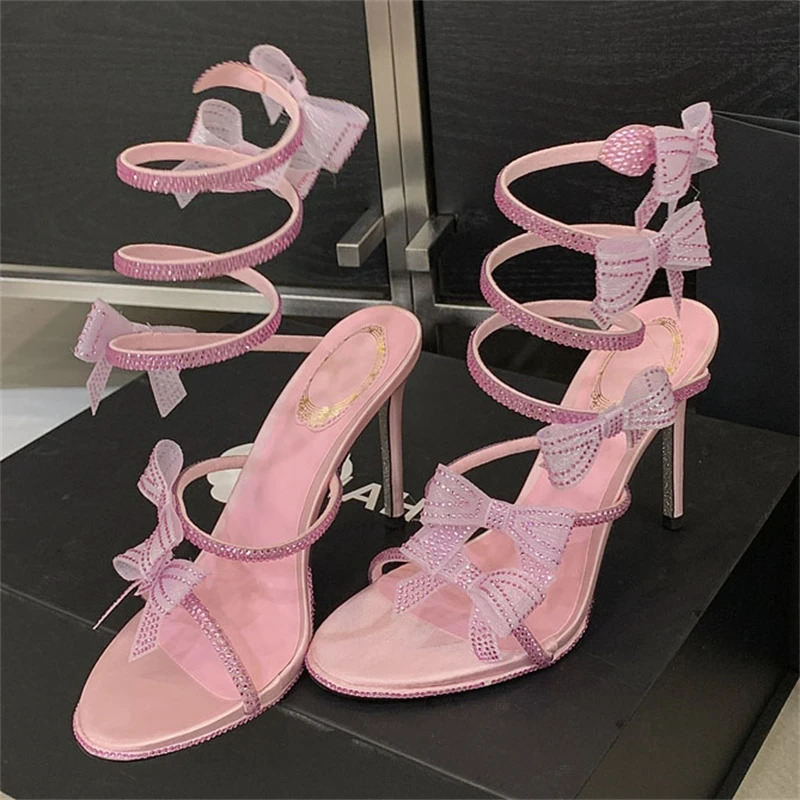Aneikeh Sexy CRYSTAL Bow High Heels Sandals Woman Wedding Shoes Summer Ankle Strap Thin High Heels Open Toed Party Shoes 260508 - view 5