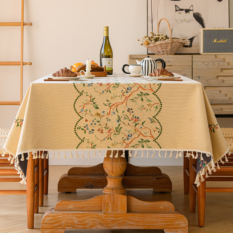 YL-38640 Customized Pastoral Chrysanthemum Tablecloth, Embroidered Fresh Style, Round Cotton Linen Cover for Dining Tables and Desks