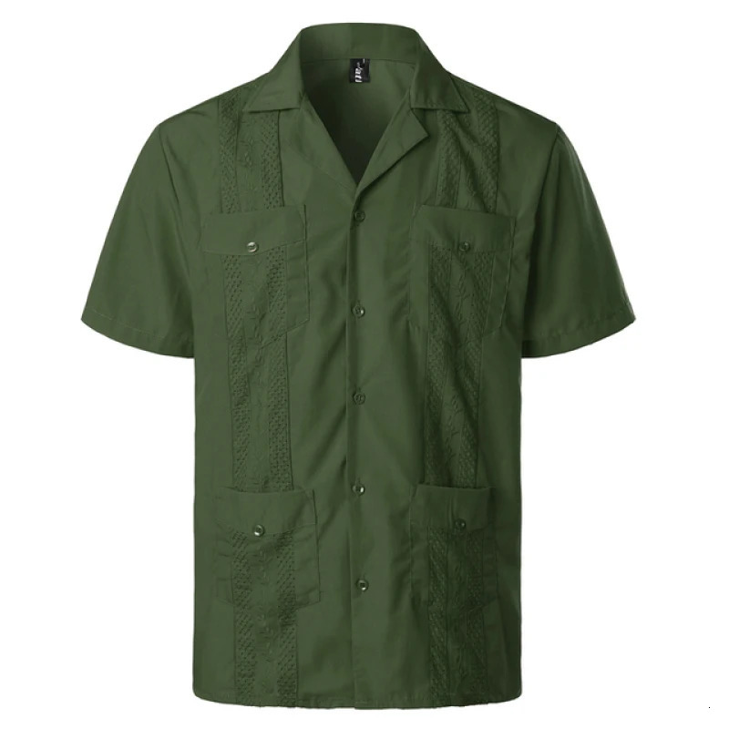 Mens Traditional Cuban Camp Collar Guayabera Shirts Short Sleeve Embroidered Mexican Caribbean Style Beach Shirts with 4 Pocket 260513