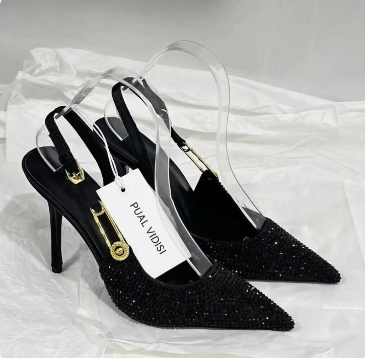 Womens Rhinestone Embellished Slingback Heels With Safety Pin Detail Pointed Toe