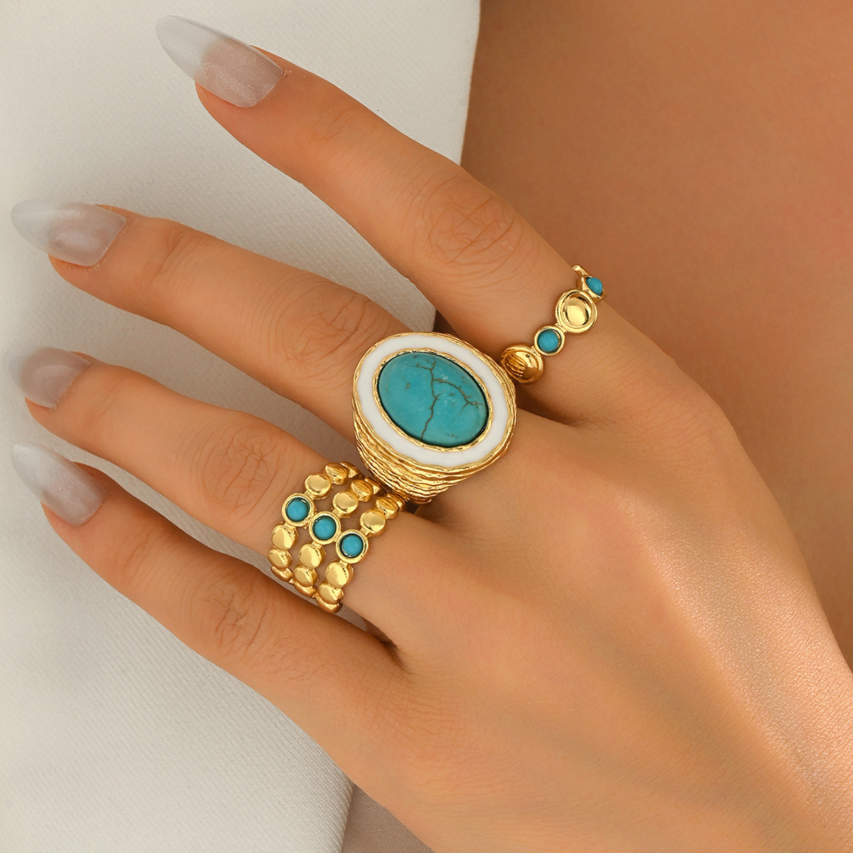 Designer Jewelry European and American retro style women s ring with geometric inlay of turquoise multi layered design open ring versatile hand access