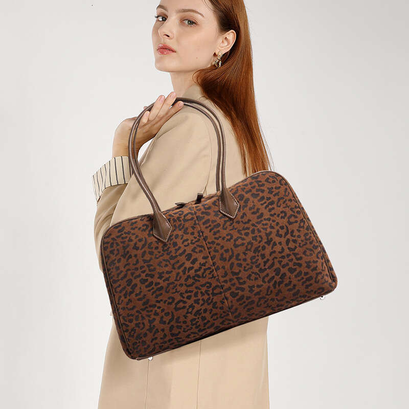 Leopard Print American Niche Handbag Matte Suede Bowling Bag Large Capacity Fashion Underarm Shoulder Bag Casual Commute Travel Daily Women Handbag SE
