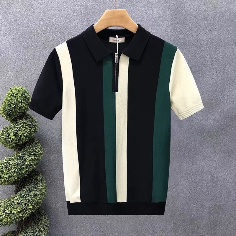Designer Poloshirt Turn-down Collar Short Sleeve Block Knit Polo Shirt Half Zipper Slim Fit Short Sleeve British Business Trendy Brand Man Tee