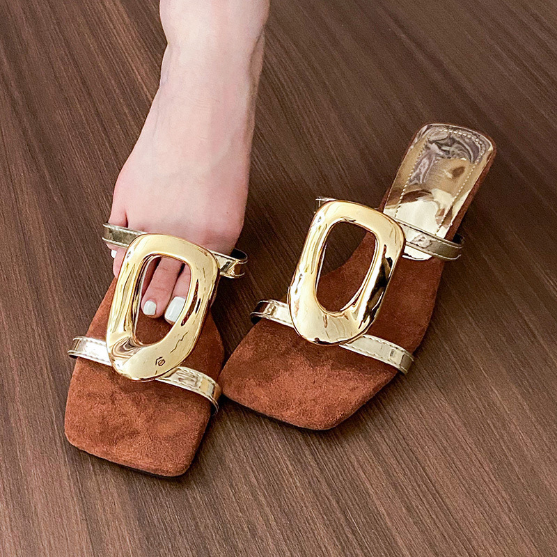Womens Square Toe Heeled Mules With Gold Buckle Detail Suede Upper