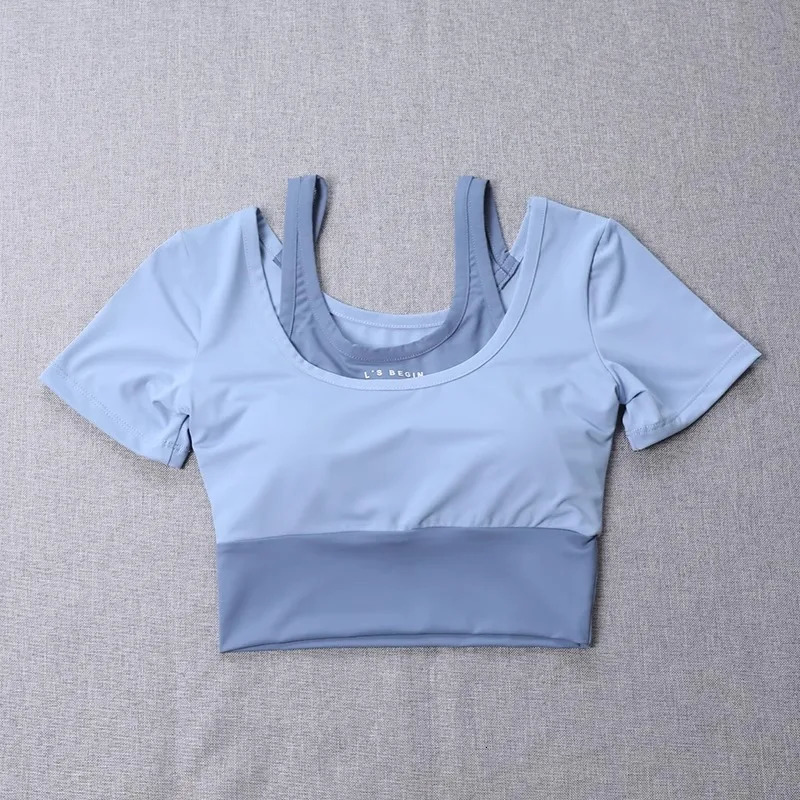 Womens 2in1 Builtin Bra Tight Yoga Top QuickDry Cropped Workout Shirt Summer Fitness Training Short Sleeve 260512