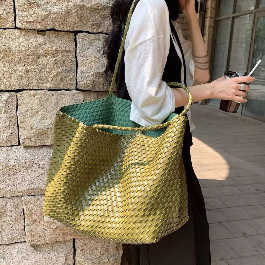 OLOEY Genuine Leather Hand-Woven Underarm Tote Bag, 2026 New Large Capacity Casual Travel Shoulder Bag Woven Basket Bag