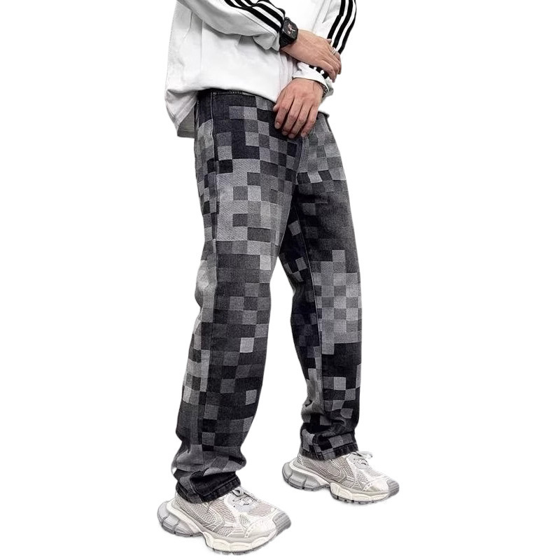 Designer Luxury Brand Loose Plus Size Straight Leg Men's Jeans Fashion Street Must-have Checkered Print Men's Denim Pants Washed Casual Floo