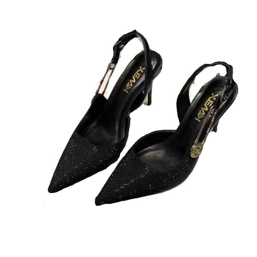 Womens Rhinestone Embellished Slingback Heels With Safety Pin Detail Pointed Toe