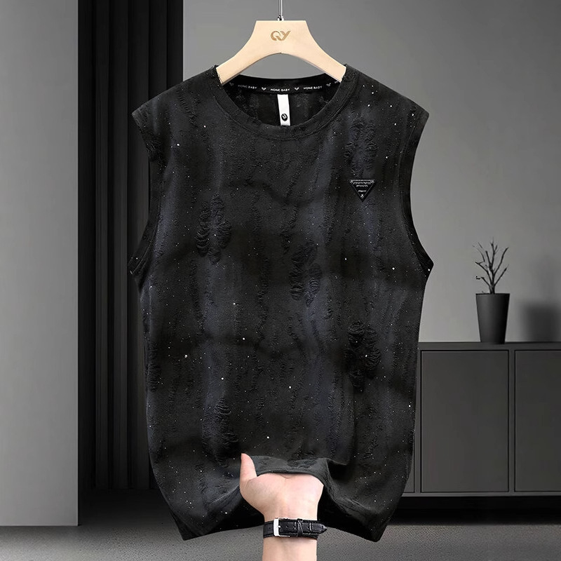 Designer New Summer T-Shirt for Men Trendy Versatile Loose Sleeveless Tee Round Neck Casual Distressed Tank Top