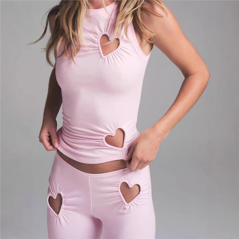 kliou Heart Hollow Women 2 Piece Set Summer Casual Sleeveless O-neck VestsHigh Waist Skinny Pants Female Basic Streetwear 250523