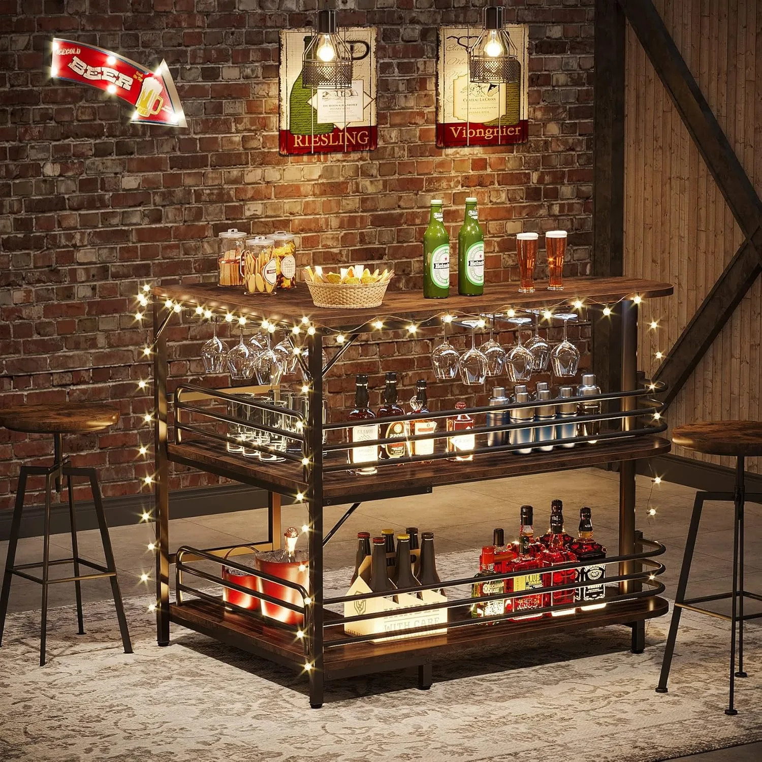L-Shaped Home Bar Unit 3 Tier Liquor Bar Table with Storage Shelves and Wine Glasses Holder for Home Kitchen Pub Rustic Brown 260512 - view 6