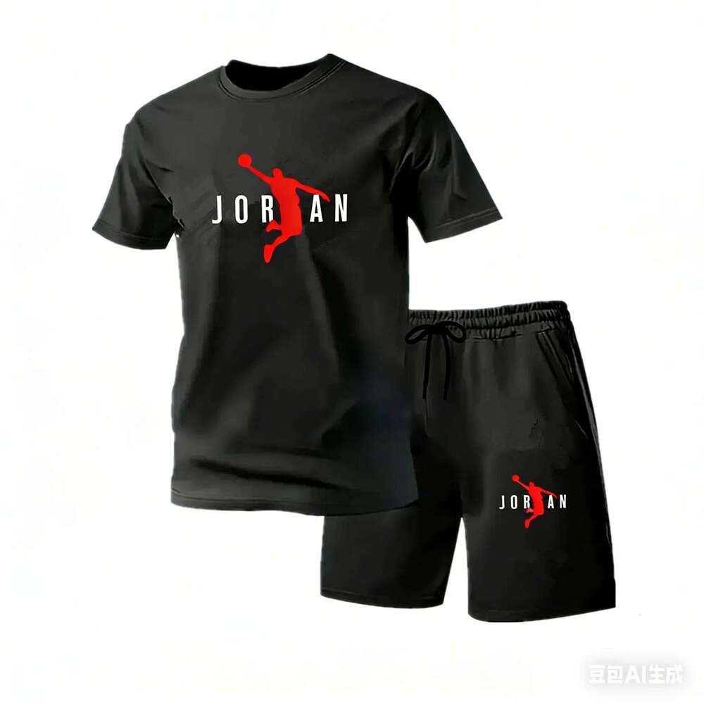 2026 New Jordan Style Men's 2 Piece Set Summer Black Short Sleeve T Shirt Shorts Casual Sports Tracksuits Plus Size S-4XL 26Y0513