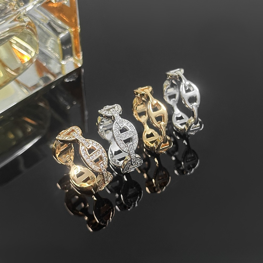 Luxury Band Ring S925 Silver Anchor Chain Ring Hollow Round Ring Minimalist Designer Ring for Women Fashion Jewelry Party Gift with Box