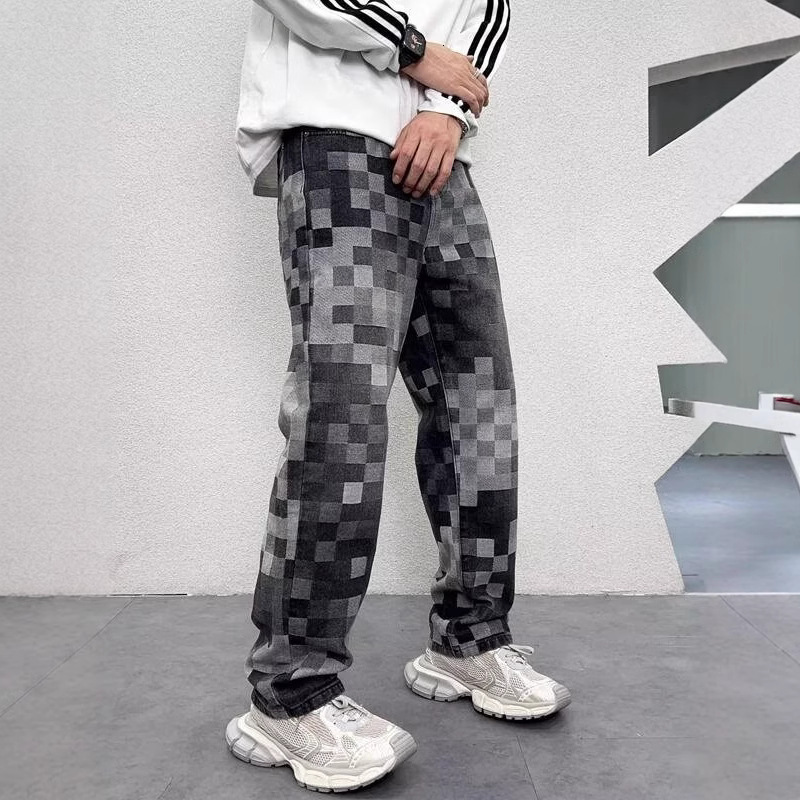 Designer Luxury Brand Loose Plus Size Straight Leg Men's Jeans Fashion Street Must-have Checkered Print Men's Denim Pants Washed Casual Floo