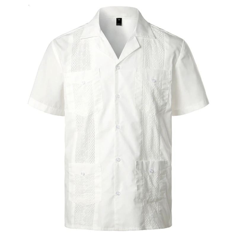Mens Traditional Cuban Camp Collar Guayabera Shirts Short Sleeve Embroidered Mexican Caribbean Style Beach Shirts with 4 Pocket 260513