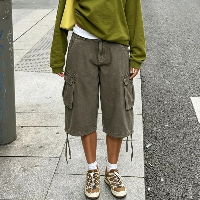 American Retro Cargo Bermuda Shorts Loose Knee Length Denim Shorts with Drawstring Y2K Aesthetic Grunge Streetwear Women Jorts 260511 - view 7