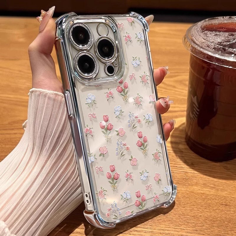 Tulip is suitable for Apple iPhone 17 phone case, Huawei PURA 80 transparent electroplated four-corner anti-drop protective cover
