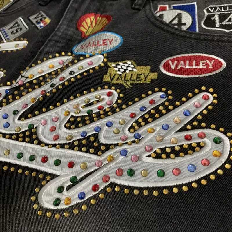 Colorful RhinESTone VALLEY Embroidery Patch Label Denim Shorts Jorts Men Women Loose Straight Short JeansJ260513