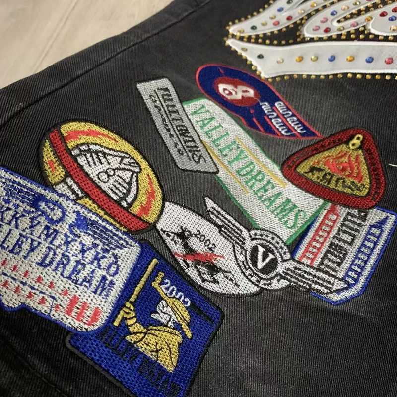 Colorful RhinESTone VALLEY Embroidery Patch Label Denim Shorts Jorts Men Women Loose Straight Short JeansJ260513