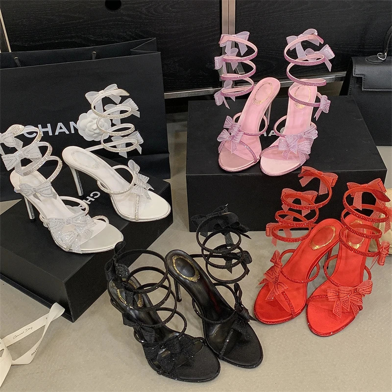 Aneikeh Sexy CRYSTAL Bow High Heels Sandals Woman Wedding Shoes Summer Ankle Strap Thin High Heels Open Toed Party Shoes 260508 - view 4